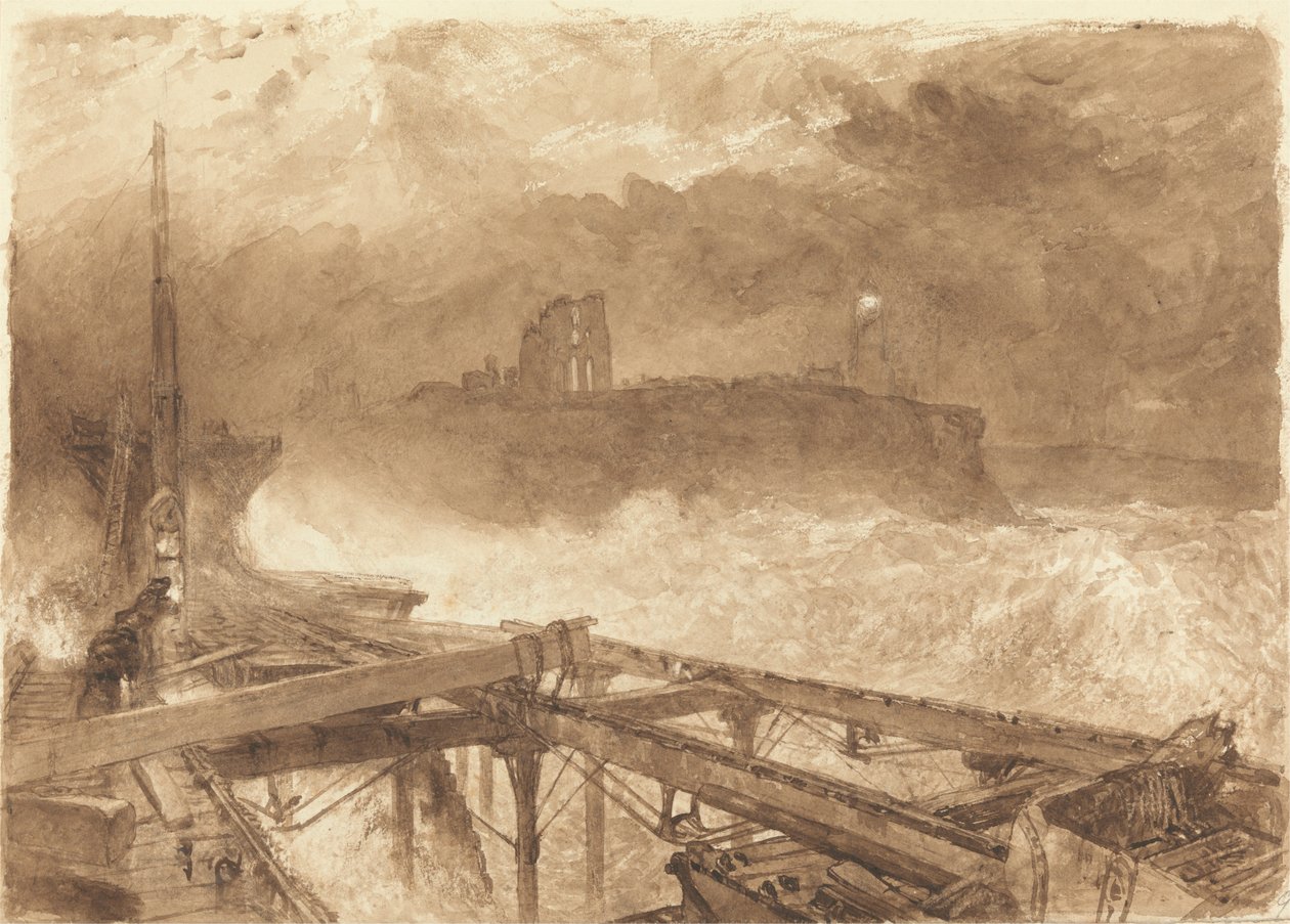 دراسة ل Tynemouth Pier - إضاءة المصابيح في Sundown بواسطة ألفريد ويليام هانت