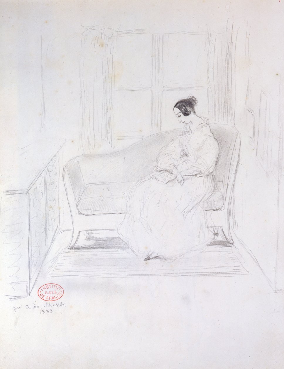 جورج ساند (1804-1876) ، قراءة على أريكة بجانب النافذة ، 1833 بواسطة ألفريد دي موسيت