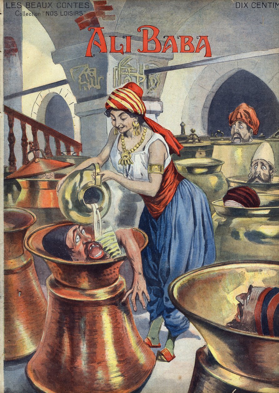 علي بابا (والأربعون حراميًا). حكاية شعبية 1001 ليلة أو ألف ليلة وليلة). رسم توضيحي لـ Vaccari و Carrey في مجموعة "" Les beaux tales "" "Nos loisirs" "" حوالي عام 1910. مجموعة خاصة. بواسطة ألفريدو وكاري فاكاري
