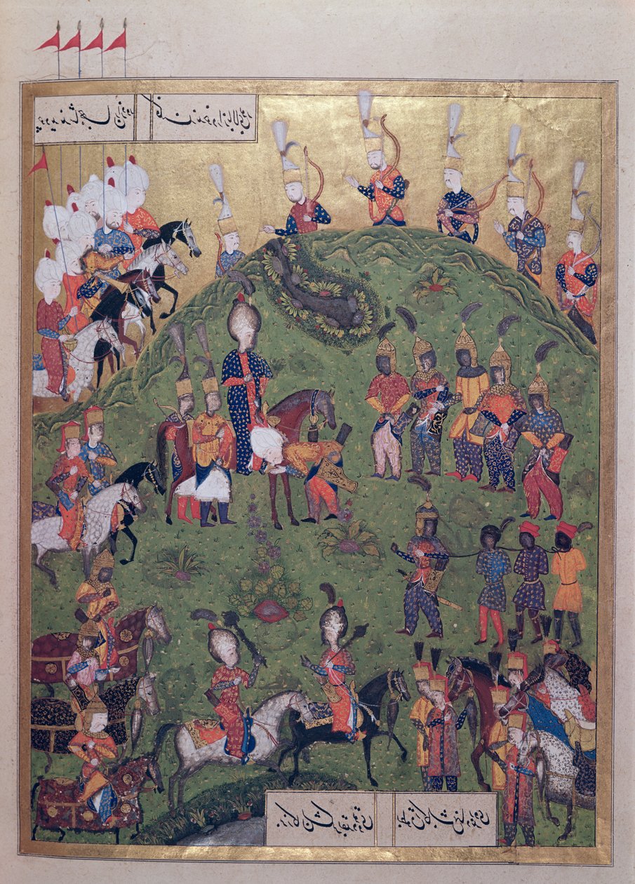 السلطان سليمان الأول (1495-1566) يصل إلى قلعة بوجورديلين ، من "سليمان" (Mss Hazine. 1517 f.81r) ، 1558 (الحبر وأوراق الذهب على الرق) بواسطة علي امير بك