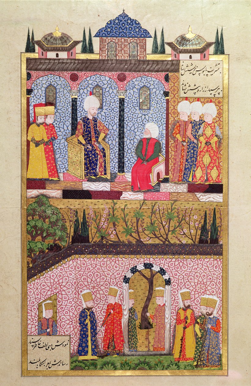 تقديم الهدايا لسليمان الأول (1495-1566) بمناسبة ختان أبنائه بايزيد وجيهانغير عام 1530 ، من "سليمان" (Mss Hazine. 1517 f.412a) ، 1558 (ink und gold le) بواسطة علي امير بك