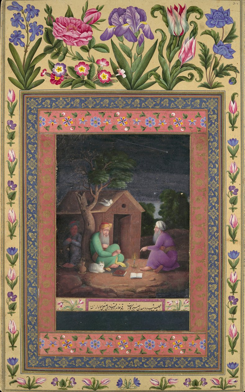 رجلان عجوزان في مناقشة خارج الكوخ ، فوليو من ألبوم ديفيس ، AH1085A.D.1674-75. بواسطة علي قولي جباردر