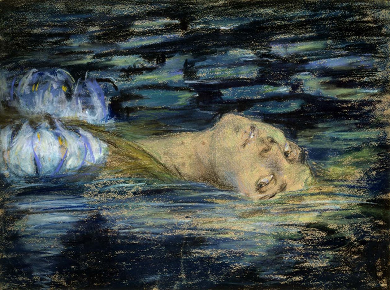 WaterlilynNote: على الرغم من أن موقع سميثسونيان يطلق على هذا الباستيل أوفيليا ويؤرخه. 1909 ، سيرة جان كلينجز لمطبعة معهد أليس بايك بارني سميثسونيان ، 1994 ، ISBN 1-56098-344-2 يعطي العنوان Waterlily ويحدده كرسومات توضيحية بواسطة أليس بايك بارني