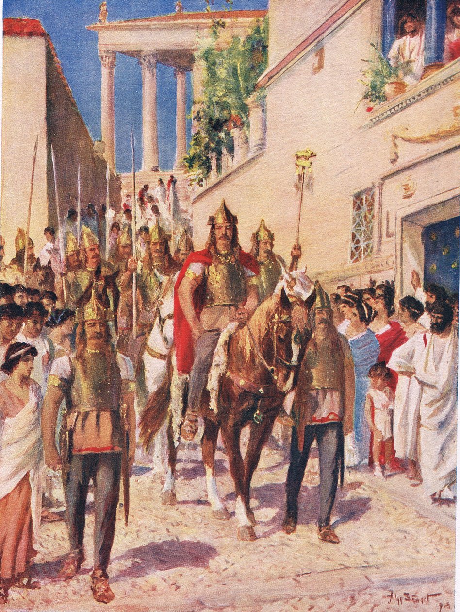 ألاريك القوطي يدخل أثينا عام 395 ، رسم توضيحي من "تاريخ الأمم في هاتشينسون" بواسطة ألان ستيوارت