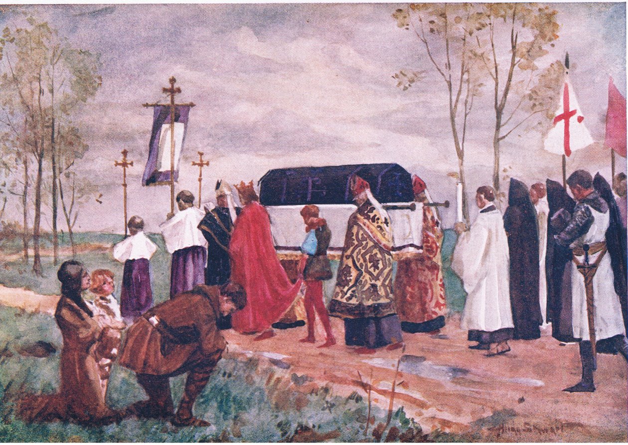 دفن سانت هيو ، رسم توضيحي من حكايات الأطفال للوزراء الإنجليز ، حوالي عام 1920 (ليثو ملون) بواسطة ألان ستيوارت