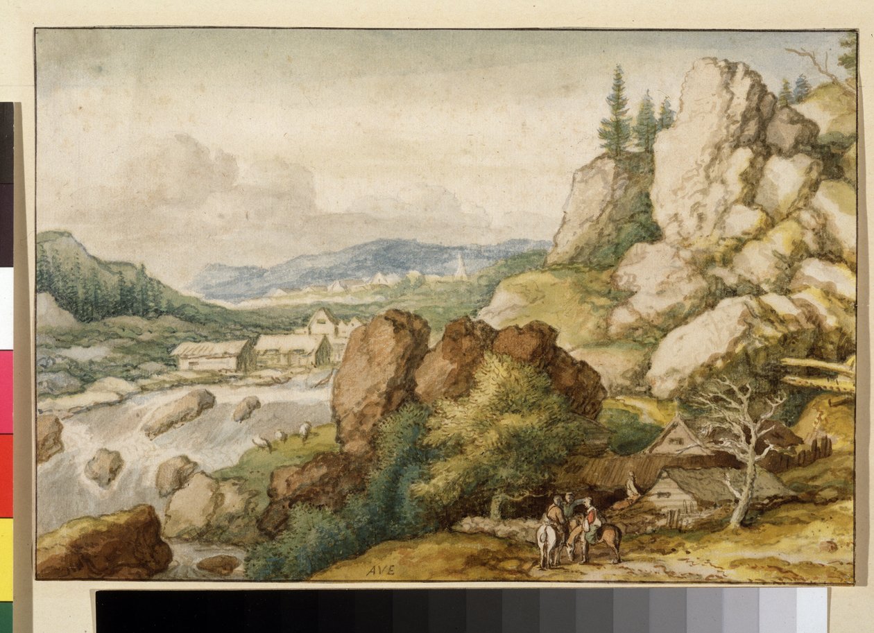 "منظر طبيعي مع ثلاثة فرسان" (منظر طبيعي بثلاثة فرسان) لوحة مائية بقلم Allaert Pietersz van Everdingen (1621-1675) متحف بوشكين ، موسكو بواسطة ألارت فان إيفردنغن