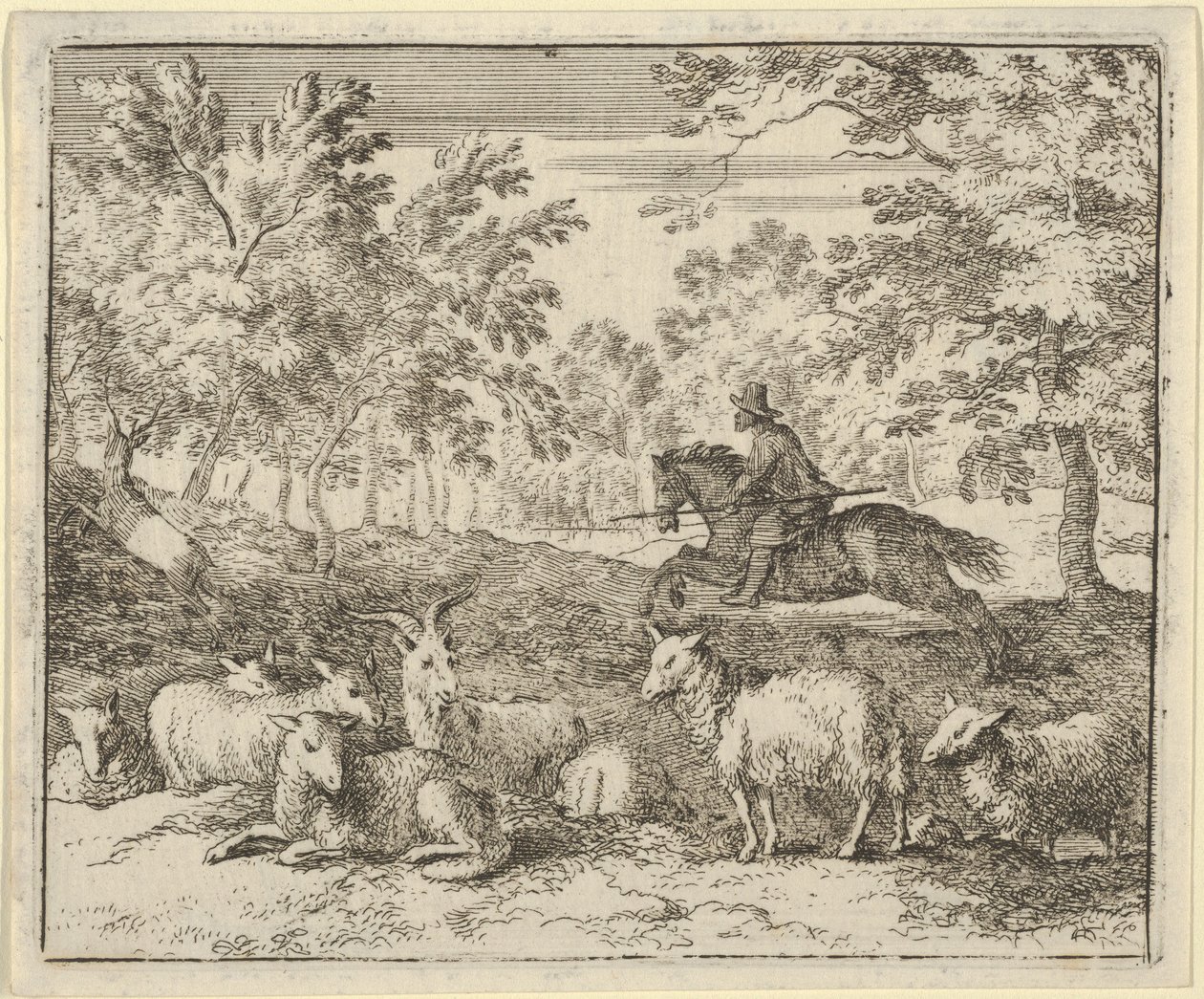 الراعي على ظهور الخيل يطارد الأيل ، 1650-1675. بواسطة ألارت فان إيفردنغن