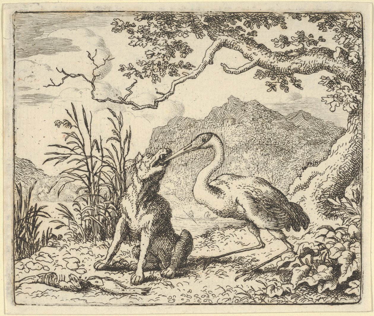 يزيل اللقلق عظمًا من حلق الذئب من فيلم Renard The F ... ، 1650-1650. بواسطة ألارت فان إيفردنغن