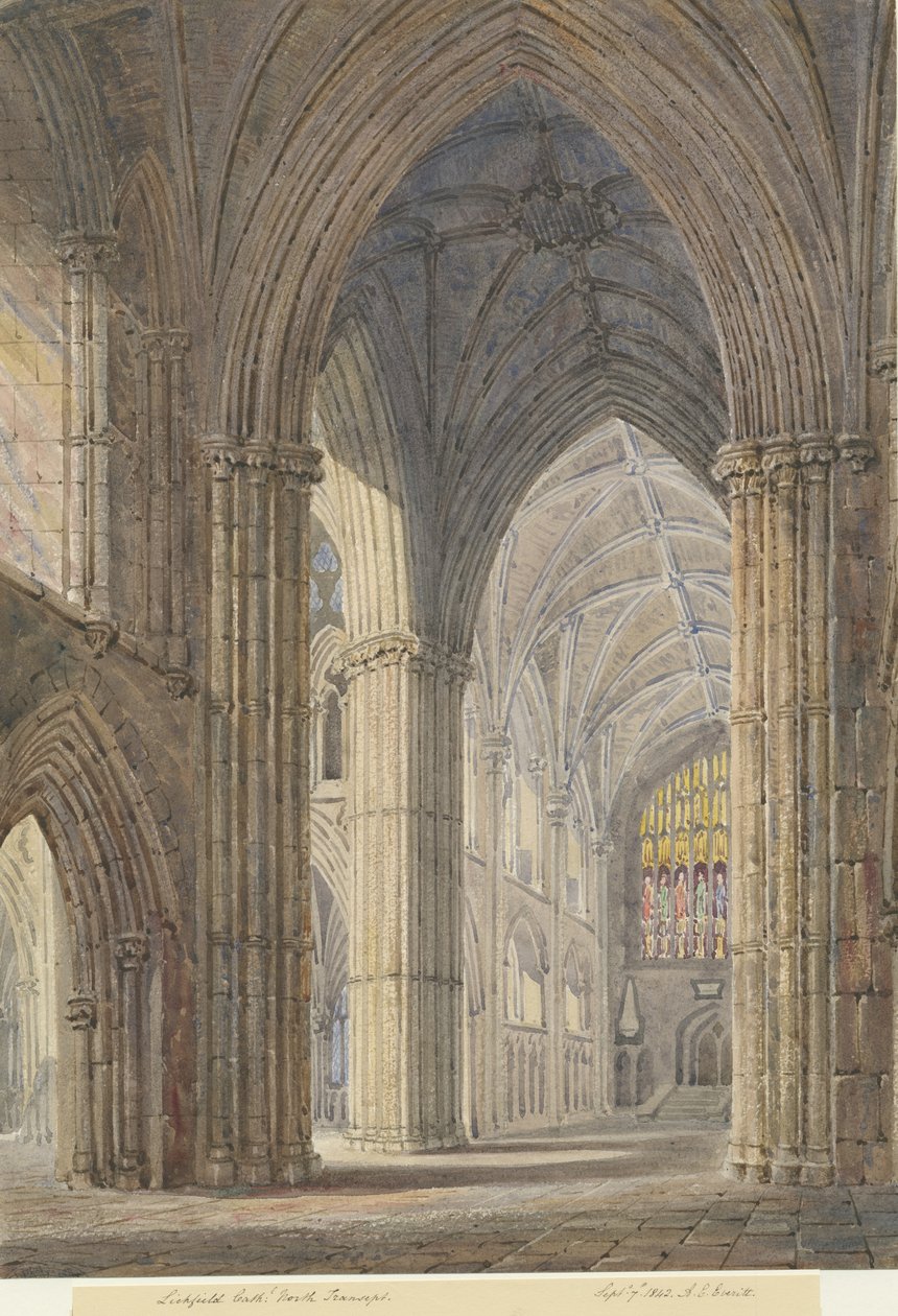 داخل كاتدرائية ليتشفيلد - شمال Transept: الرسم بالألوان المائية ، 7 سبتمبر 1842 بواسطة ألين إدوارد إيفريت
