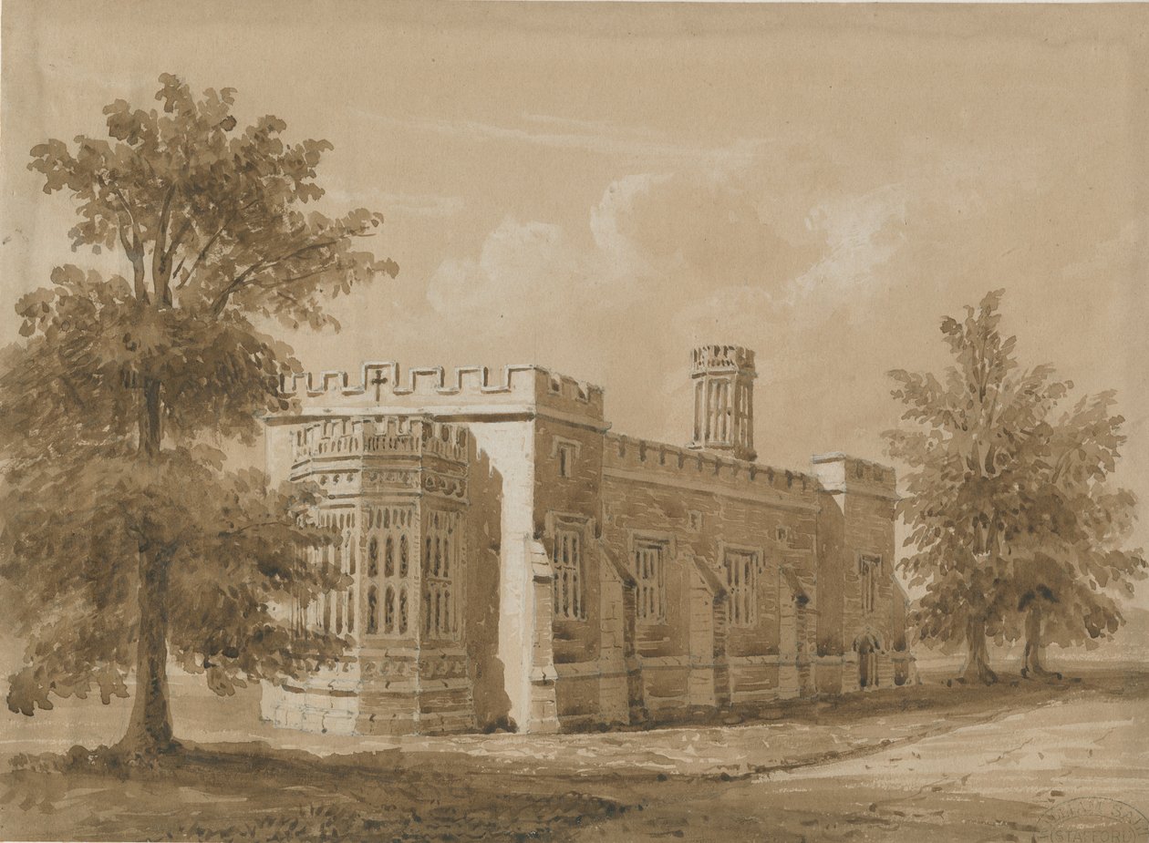 Tixall - كنيسة في قاعة Tixall: رسم غسل أحمر داكن ، بدون تاريخ [Jul 1842] بواسطة ألين إدوارد إيفريت