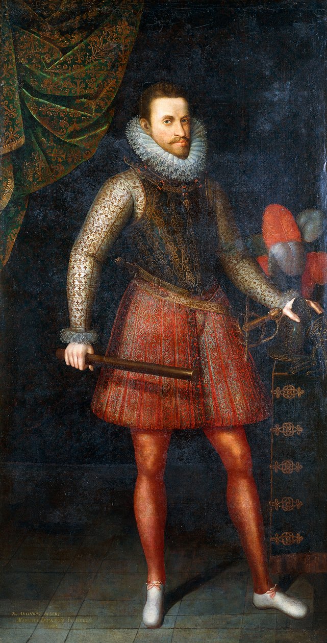 صورة لأرشيد ألبرت ، واقفا بطول كامل يحمل عصا باتون ، 1593 بواسطة ألونسو سانشيز كويلو
