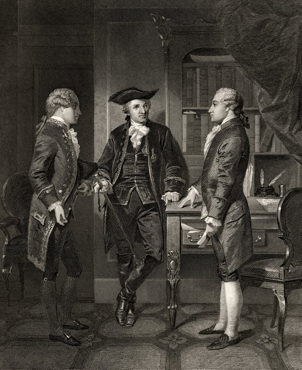 Baron de Kalb (في الوسط) يقدم لافاييت إلى Silas Dean ، من "Life and Times of Washington" ، المجلد الأول ، نشر 1857 بواسطة ألونزو تشابل