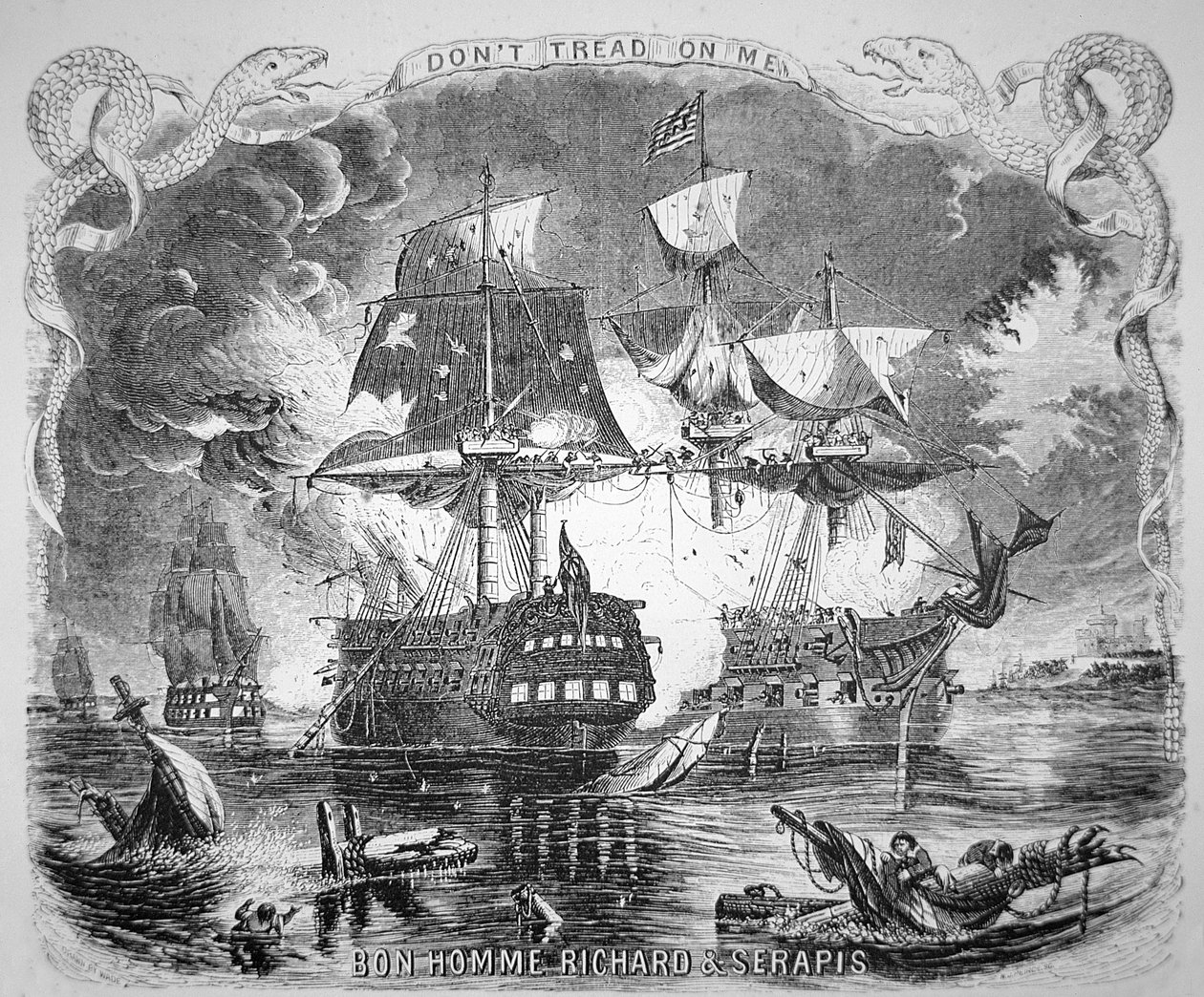 John Paul Jones, commanding the Bonhomme Richard, defeats HMS Serapis on 23rd September 1779 (litho) بواسطة ألونزو (بعد) تشابل