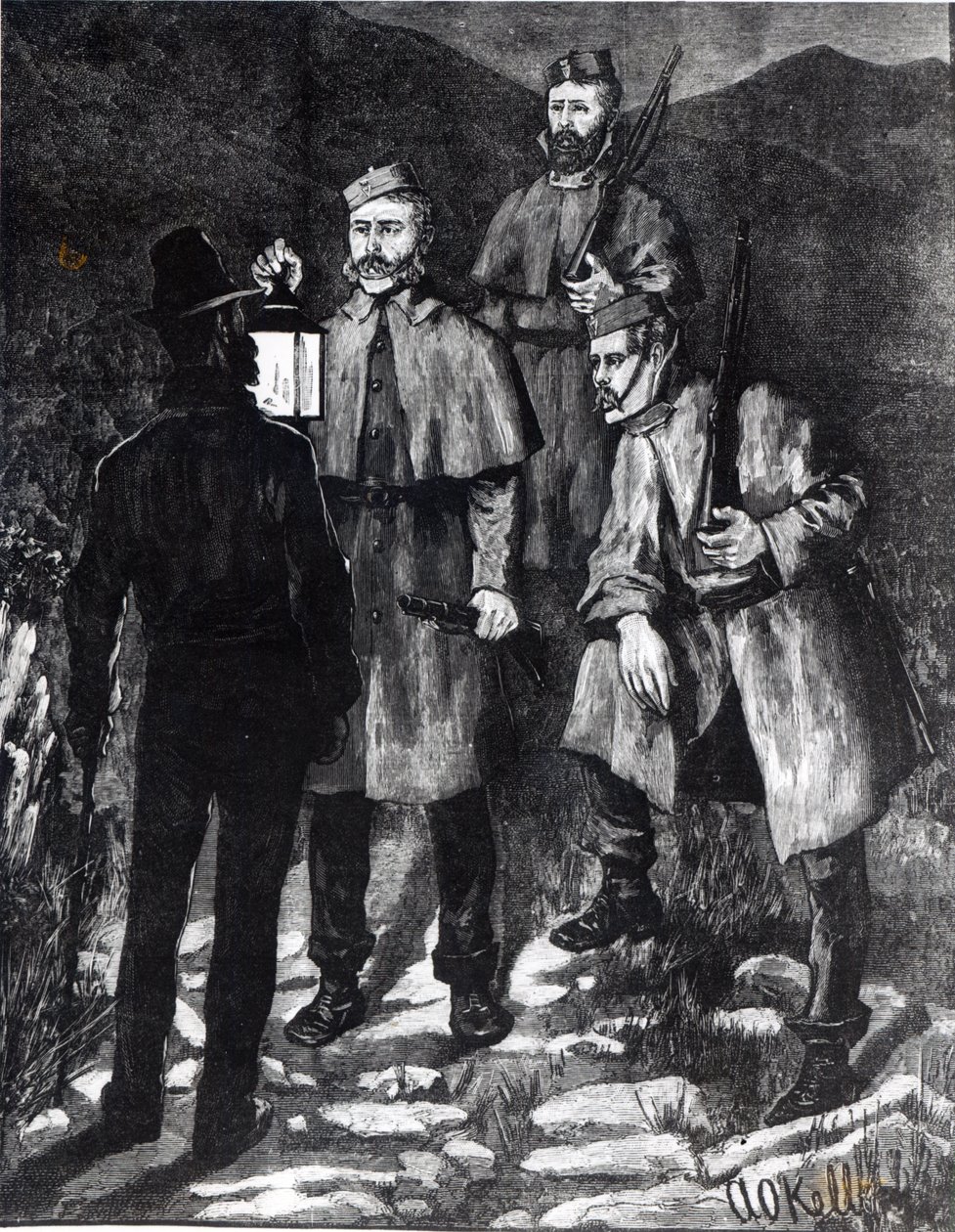 دولة أيرلندا: دورية شرطة تتحدى شخصًا مشتبهًا به ، من "أخبار لندن المصورة" ، ص 1880 بواسطة Aloysius C. O'Kelly