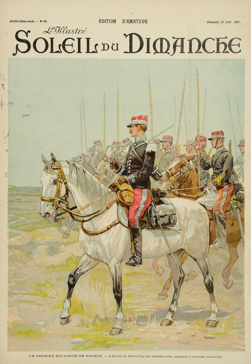 سرب فرنسا الأول ، مناورات مدرسة سان سير ، رسم توضيحي من غلاف "سولي دي ديمانش" 25 أغست 1901 بواسطة ألفونس لالوز