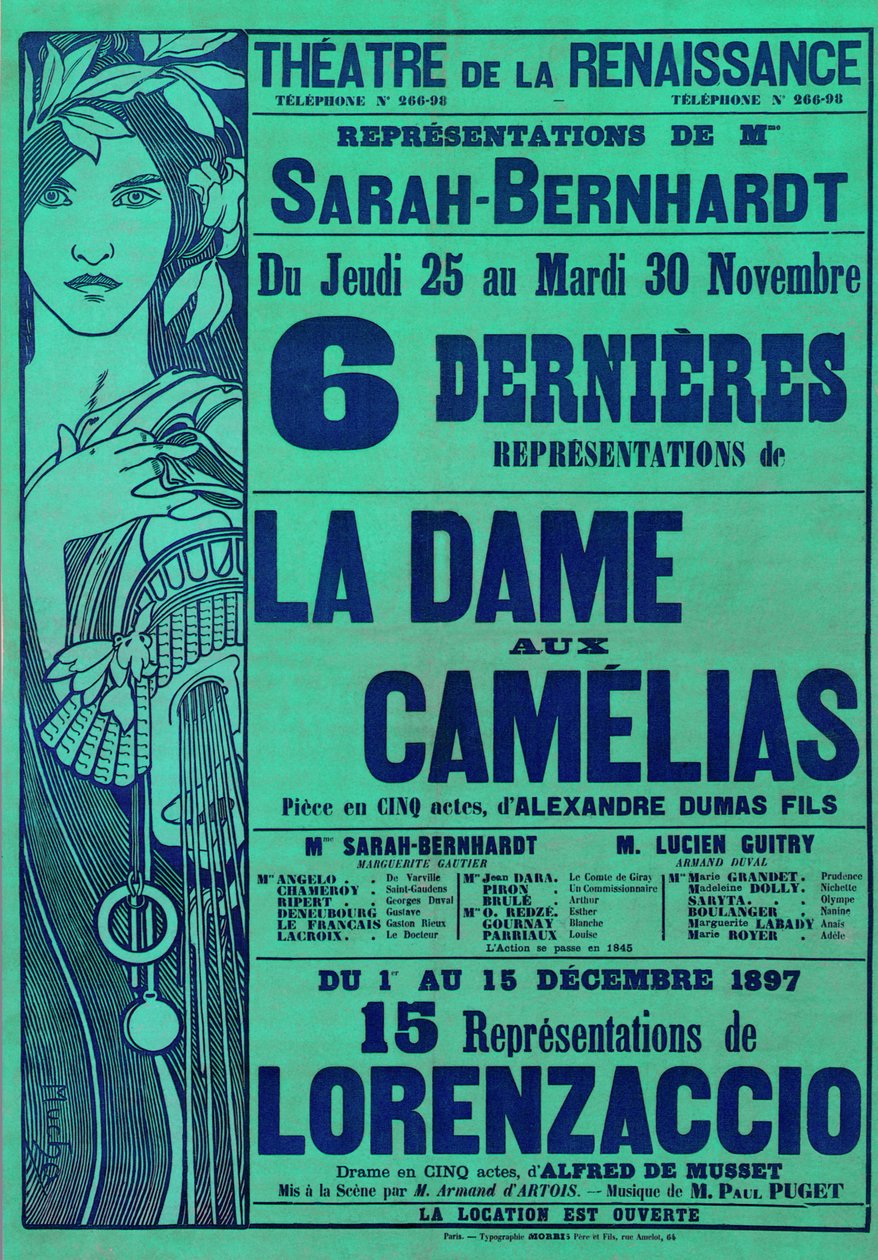 الإعلان عن الملصقات La Dame aux Camelias بقلم ألكسندر دوماس ، و Lorenzaccio بقلم ألفريد دي موسيت ، بطولة سارة برنهاردت ، مسرح النهضة ، باريس ، 1897 بواسطة ألفونس موشا