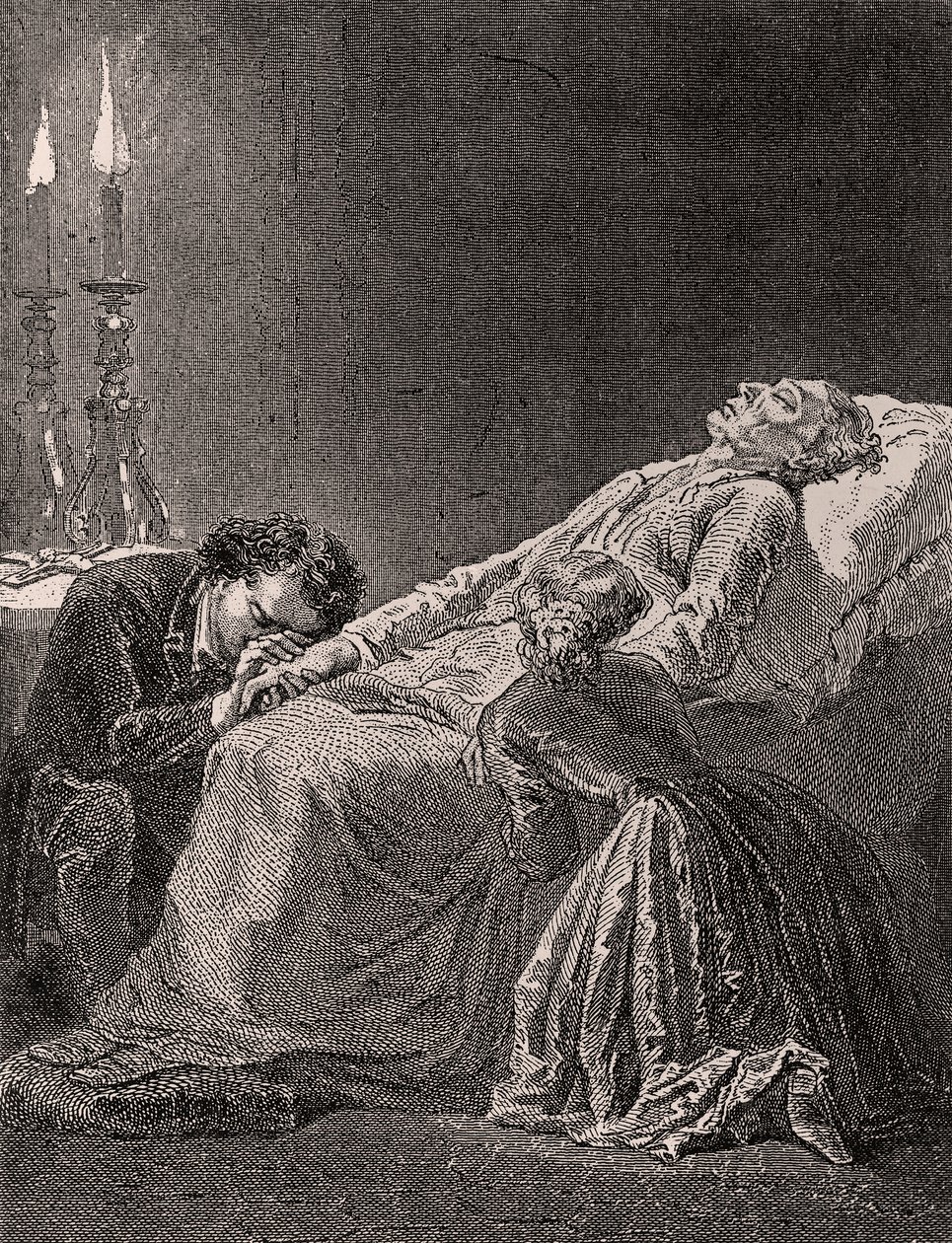 وفاة جان Valjean بين كوزيت وماريوس - التوضيح من البؤساء ، القرن التاسع عشر (النقش وزن الجسم) بواسطة ألفونس ماري دي نوفيل