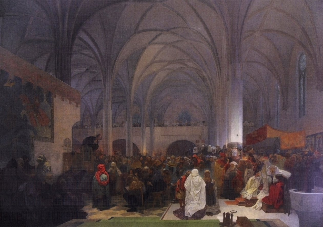 Kazani Mistra Jana Husa v kapli Betlemske: Pravda vitezinEnglish: Master Jan Hus Preaching at the Bethlehem Chapel: Truth انتشار بواسطة ألفونس موشا