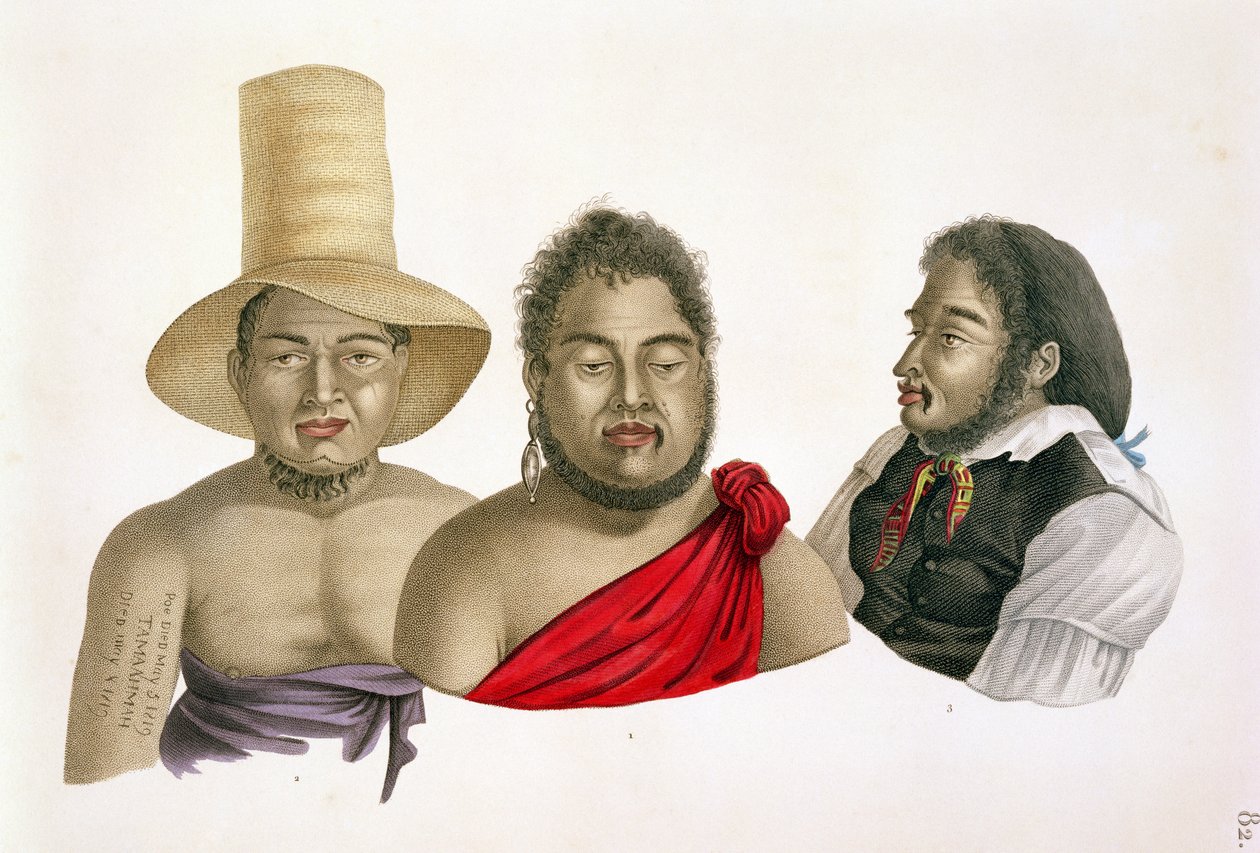 صور لرؤساء جزر ساندويتش ، من "Voyage autour du Monde (1817-20)" ، بقلم لويس كلود ديساولس دي فريسينت (1779-1842) ، نقشها أ. بواسطة ألفونس بيليون