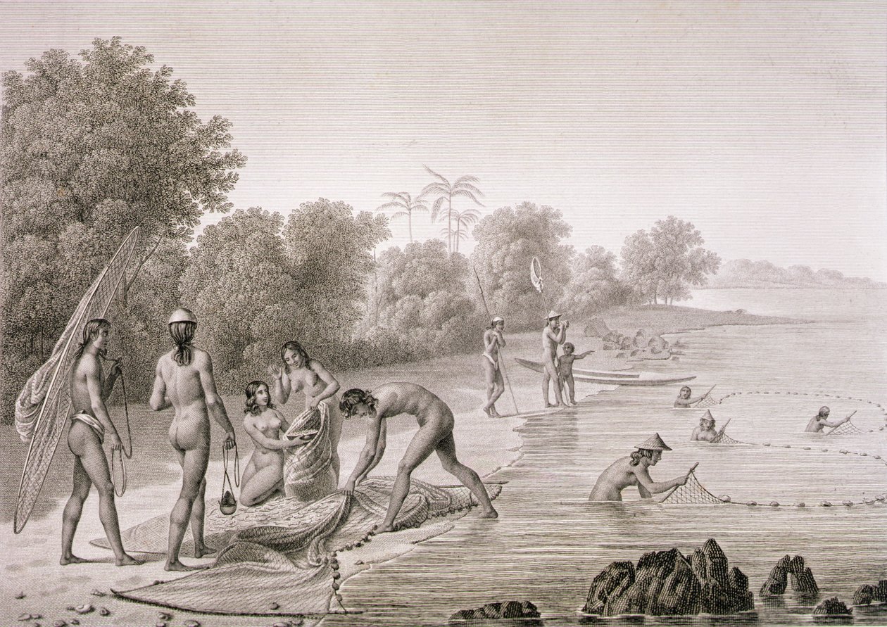 طرق الصيد التقليدية التي استخدمها السكان الأصليون لجزر مارياناس ، من "رحلة أوتور دو موند (1817-20)" ، بقلم لويس كلود ديسولس دي فرايسينيه (1779-1842) نقشها بوفينيت ، نُشر في 1822-24 (ليثو) بواسطة ألفونس (بعد) بيليون