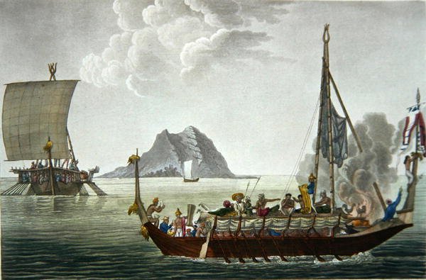 منظر لجزيرة Corocores لجزيرة Guebe ، من جزيرة Pisang ، من "Voyage Autour du Monde sur les Corvettes de L'Uranie 1817-20" محفور بواسطة Coutant ، نُشر عام 1825 (نقش) بواسطة ألفونس (بعد) بيليون