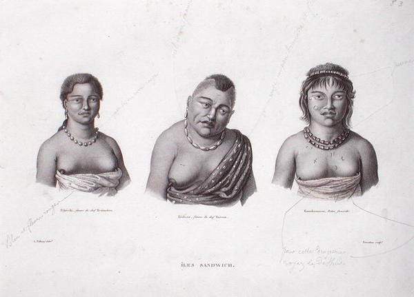 زوجات رؤساء هاواي من جزر ساندويتش حوالي 1824 (نقش) بواسطة ألفونس (بعد) بيليون