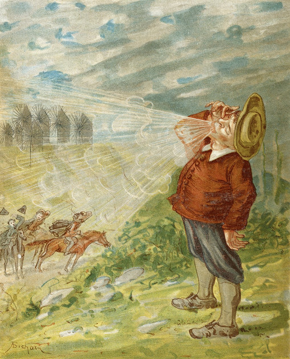كيف حصل Baron Munchausen على المنفاخ ، من "مغامرات Baron Munchausen" بقلم رودولف إريك راسبي (1736-1794) المنشور عام 1886 بواسطة ألفونس أدولف بيشار