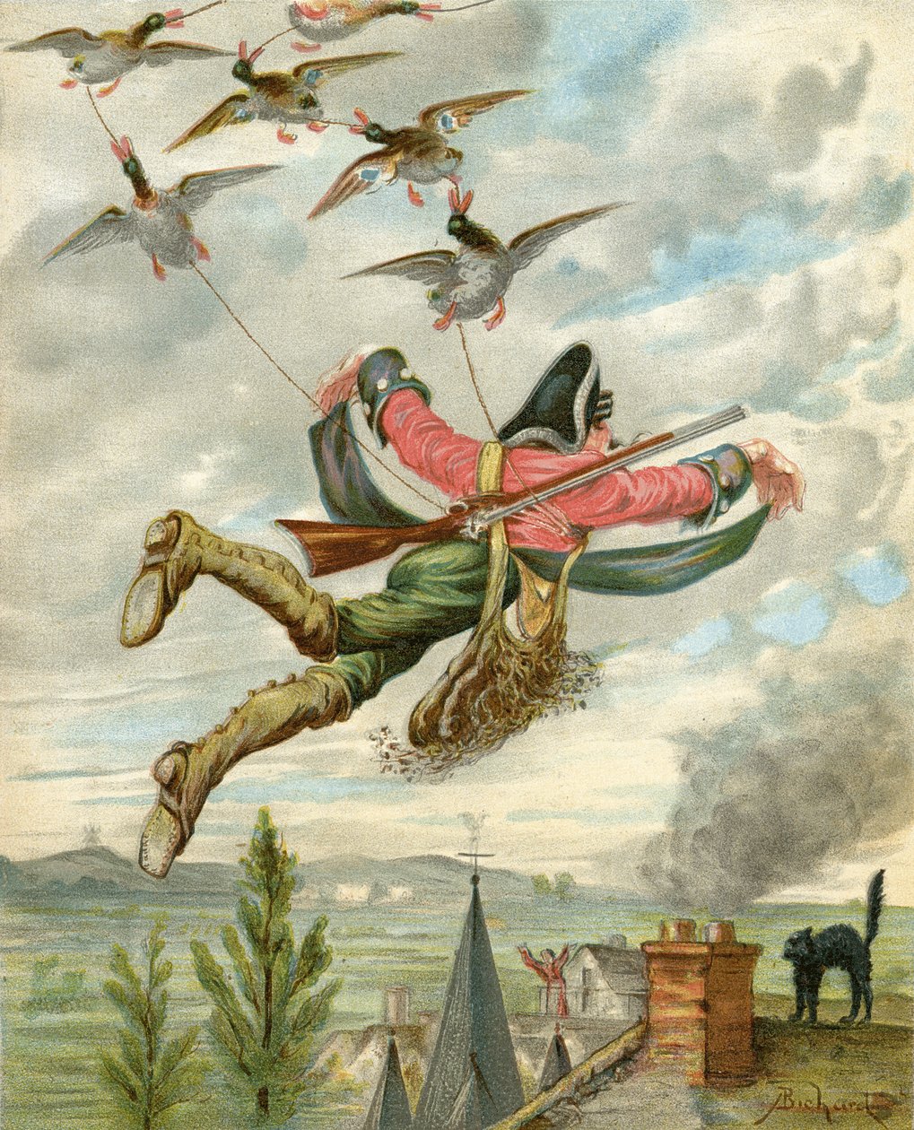 تم رفعه عن الأرض بواسطة البط ، من "مغامرات بارون مونشاوزن" بقلم رودولف إريك راسب (1736-1794) المنشور عام 1886 (ليثو ملون) بواسطة ألفونس أدولف بيشار