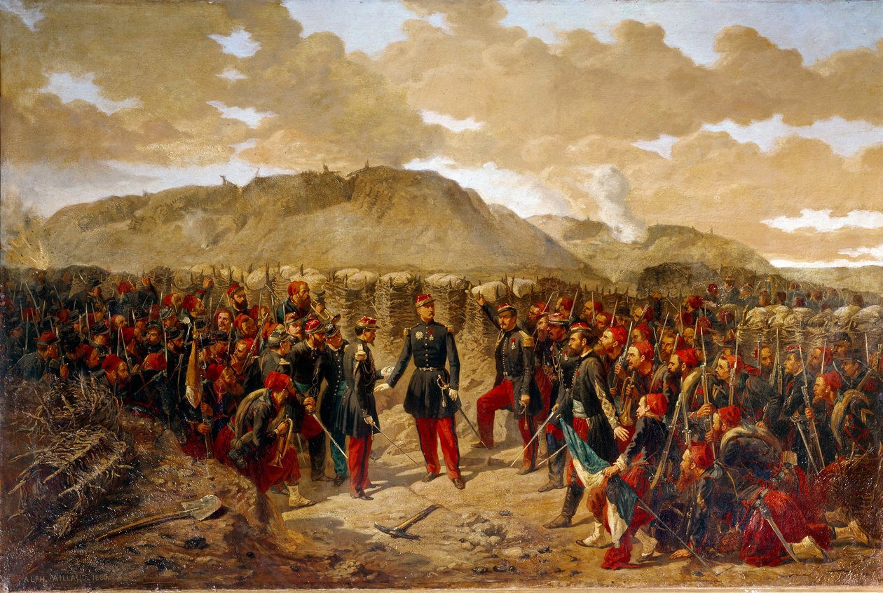 حرب كريمي (1853-1856): "" ماك ماهون وأول زواف إلى مالاكوف ، 8/09/1855 "أعطى الجنرال ماك ماهون (1808-1898) تعليماته النهائية إلى أول زواف للعقيد كولينو قبل الاستيلاء على Malakoff Redoubt. اللوحة للفونس آيل بواسطة ألفونس أنطوان اليود