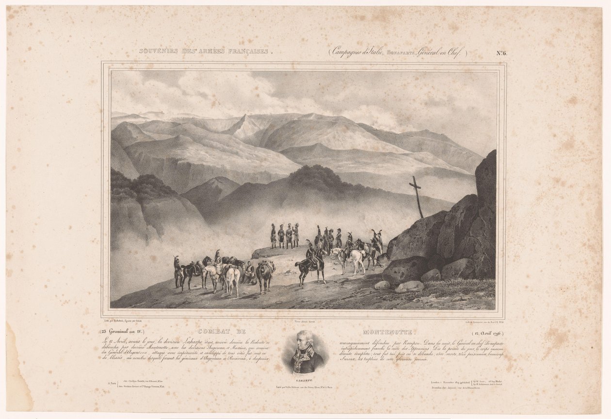 جنود عشية معركة مونتينوت وصورة لأميدي إيمانويل فرانسوا لاهارب Combat de Montenotte (12 أبريل 1796) (العنوان على الكائن) ذكريات الجيش الفرنسي (عنوان المسلسل) Souvenirs des armées françaises (Camagnes d