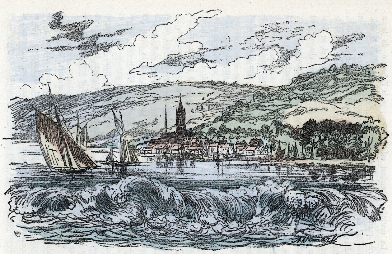 منظر لحفرة المد والجزر لنهر السين في Caudebec-en-Caux (Caudebec en Caux) في Seine Maritime ، نورماندي (تجويف المد والجزر لنهر السين في Caudebec en Caux ، نورماندي) نقش من "" La Nature et l