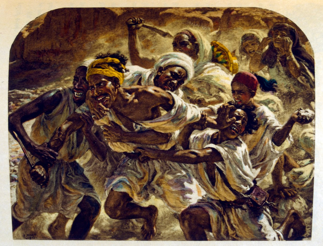 رسم بياني لدينيه من مشاهد "ميراج" للحياة العربية. 1906. ميراج ، مشهد دي لا في العرب رسمها إيتيان دينيه مع تعليق لسيلمان بن إبراهيم بامر. ولد نصر الدين دينيه باسم ألفونس إتيان دينيه ؛ (1861-1929) كان فرنسياً من الشرق بواسطة ألفونس إتيان دينيه