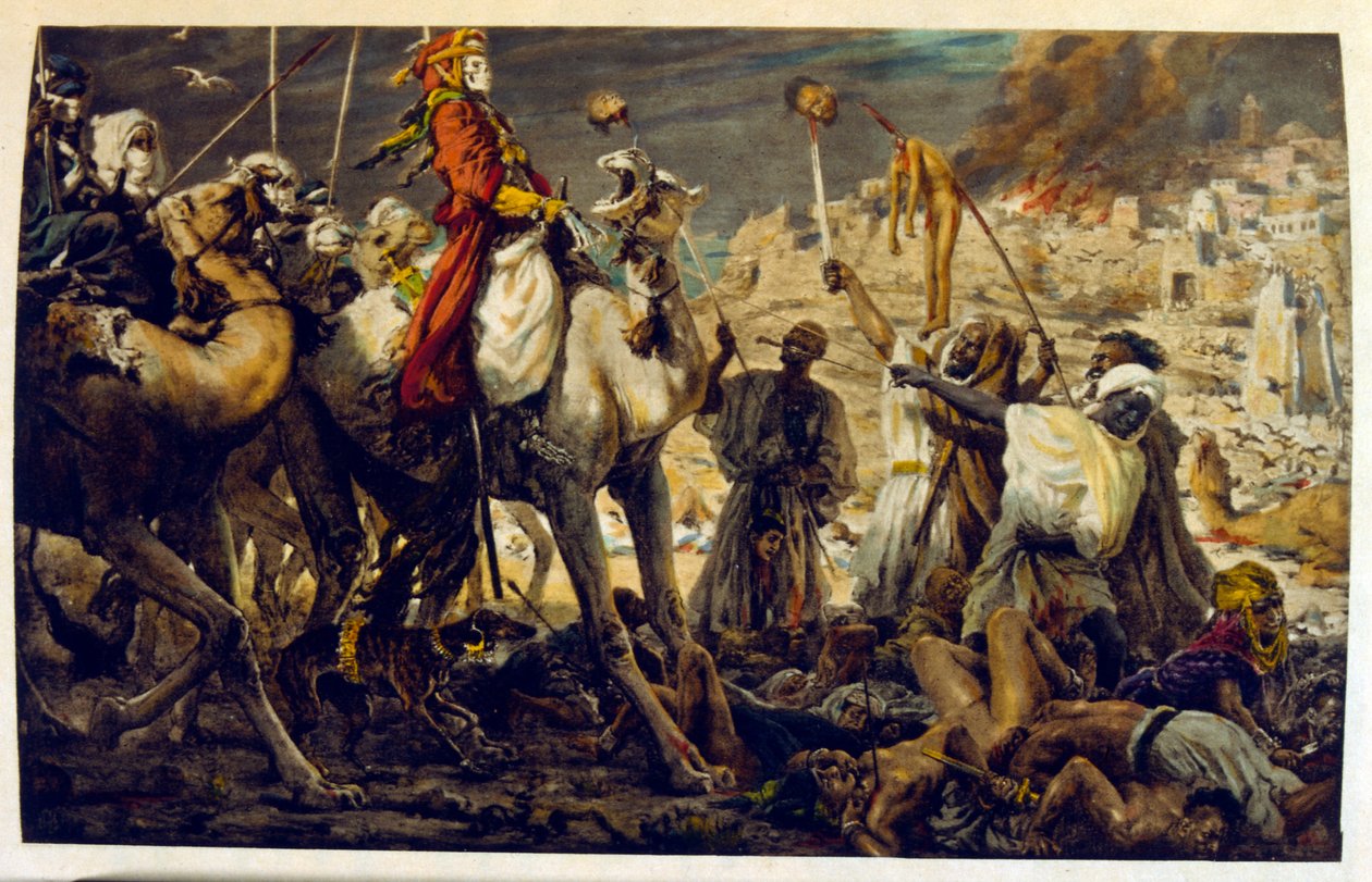 رسم بياني لدينيه من مشاهد "ميراج" للحياة العربية. 1906. ميراج ، مشهد دي لا في العرب رسمها إيتيان دينيه مع تعليق لسيلمان بن إبراهيم بامر. ولد نصر الدين دينيه باسم ألفونس إتيان دينيه ؛ (1861-1929) كان فرنسياً من الشرق بواسطة ألفونس إتيان دينيه