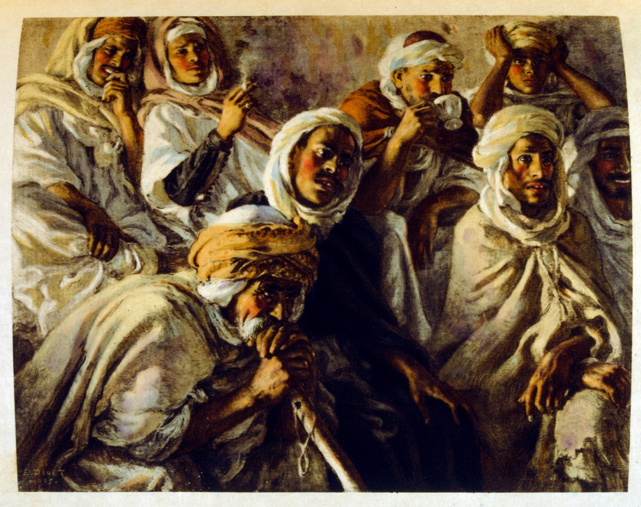 رسم بياني لدينيه من مشاهد "ميراج" للحياة العربية. 1906. ميراج ، مشهد دي لا في العرب رسمها إيتيان دينيه مع تعليق لسيلمان بن إبراهيم بامر. ولد نصر الدين دينيه باسم ألفونس إتيان دينيه ؛ (1861-1929) كان فرنسياً من الشرق بواسطة ألفونس إتيان دينيه