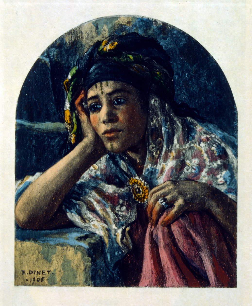 رسم بياني لدينيه من مشاهد "ميراج" للحياة العربية. 1906. ميراج ، مشهد دي لا في العرب رسمها إيتيان دينيه مع تعليق لسيلمان بن إبراهيم بامر. ولد نصر الدين دينيه باسم ألفونس إتيان دينيه ؛ (1861-1929) كان فرنسياً من الشرق بواسطة ألفونس إتيان دينيه