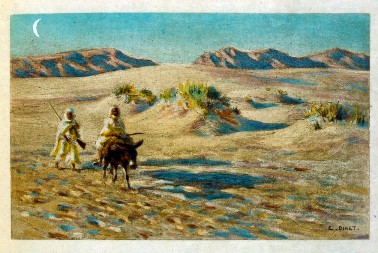 رسم بياني لدينيه من مشاهد "ميراج" للحياة العربية. 1906. ميراج ، مشهد دي لا في العرب رسمها إيتيان دينيه مع تعليق لسيلمان بن إبراهيم بامر. ولد نصر الدين دينيه باسم ألفونس إتيان دينيه ؛ (1861-1929) كان فرنسياً من الشرق بواسطة ألفونس إتيان دينيه