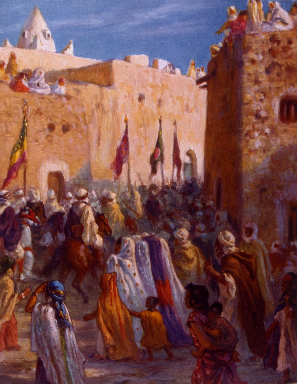 رسم توضيحي يصور المحاربين العرب المسلمين وهم يغادرون بلدة للشروع في الجهاد أو الحرب المقدسة. بواسطة نصر الدين دينيت (ألفونس إتيان دينيه). 1861 1929. رسام مستشرق فرنسي. 1918. بواسطة ألفونس إتيان دينيه