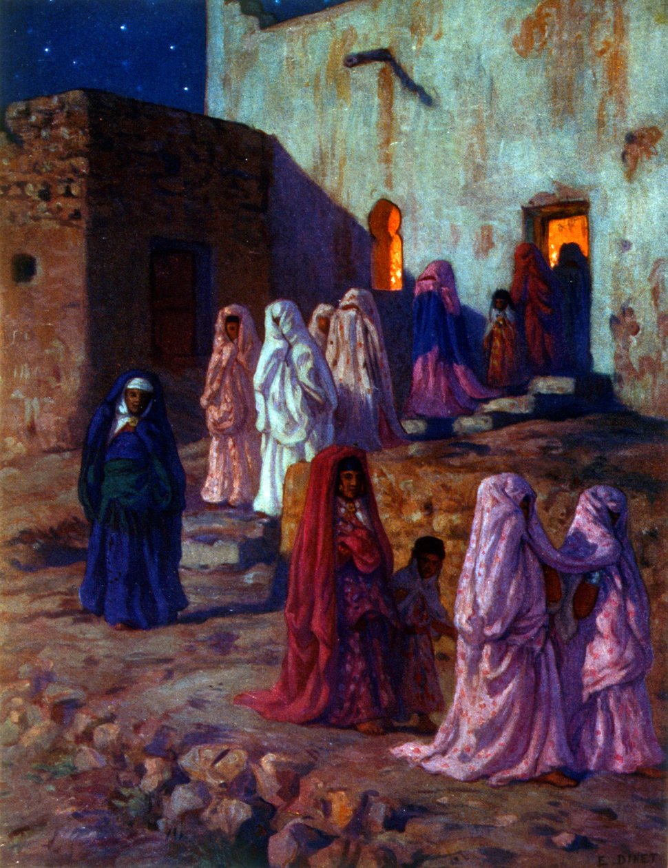 رسم توضيحي يصور النساء العربيات المسلمات يحتفلن بالمولد النبوي الشريف. الاحتفال بعيد ميلاد النبي محمد. بقلم نصر الدين دينيه (ألفونس إتيان دينيه). 1861 1929. رسام مستشرق فرنسي. 1918. بواسطة ألفونس إتيان دينيه