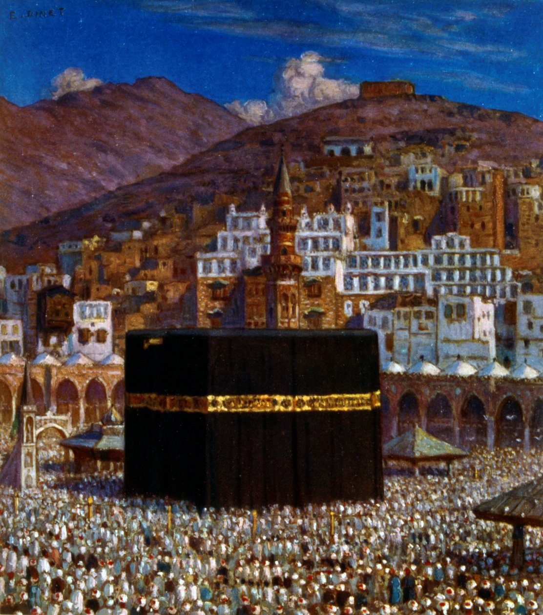 رسم توضيحي يصور الحجاج المسلمين في الكعبة في مكة المكرمة. بواسطة نصر الدين دينيت (ألفونس إتيان دينيه). 1861 1929 بواسطة ألفونس إتيان دينيه