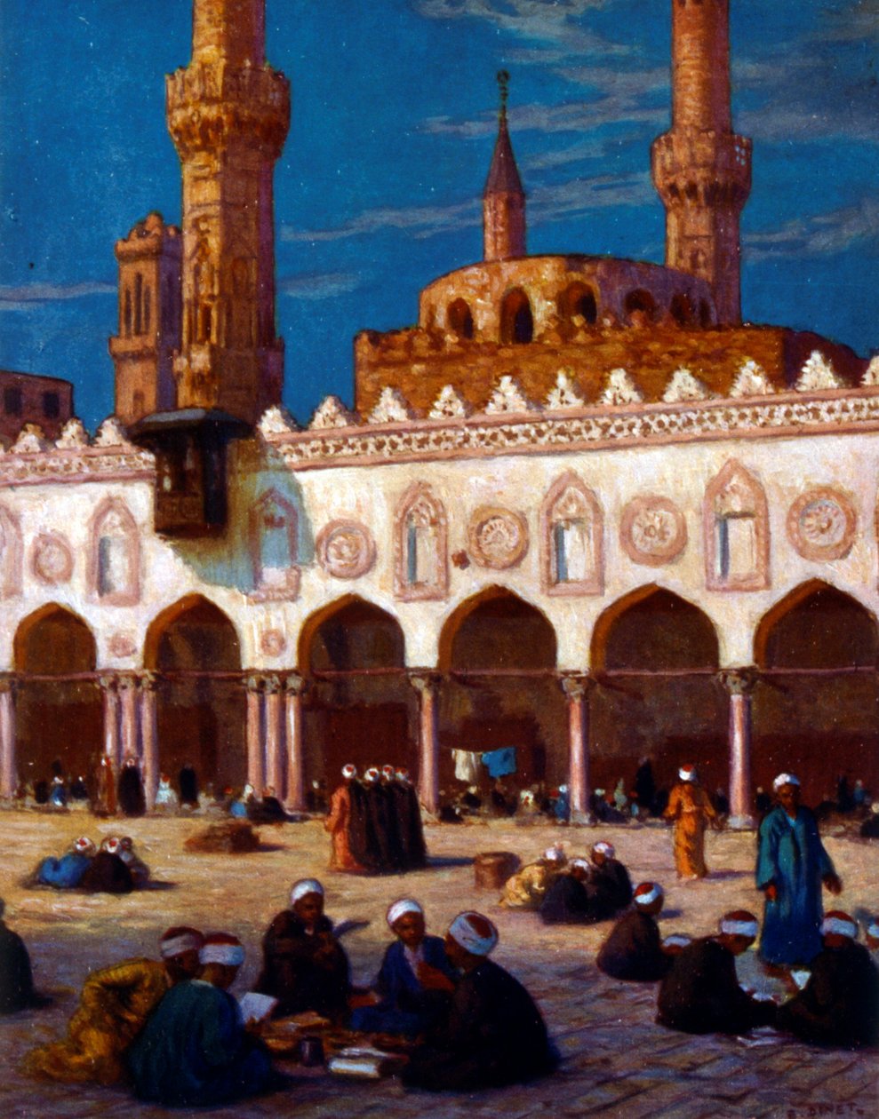 رسم توضيحي يصور العلماء والطلاب الذين يدرسون في جامعة الأزهر. بقلم نصر الدين دينيه (ألفونس إتيان دينيه). 1861 1929 بواسطة ألفونس إتيان دينيه