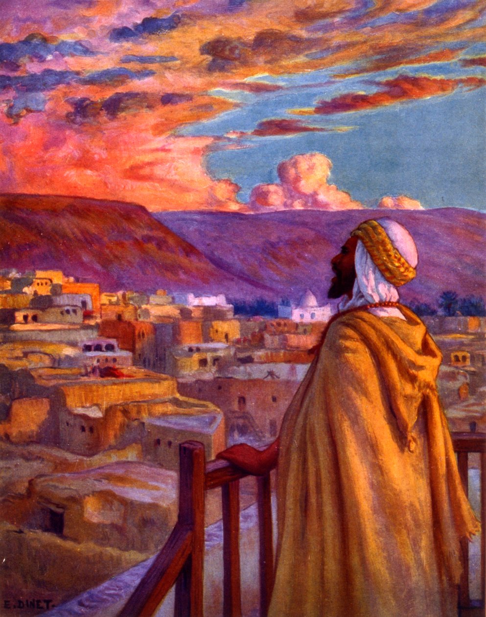 المؤذن يدعو المؤمنين للصلاة في قرية في الصحراء. بواسطة نصر الدين دينيت (ألفونس إتيان دينيه). 1861 1929 رسام مستشرق فرنسي 1918 بواسطة ألفونس إتيان دينيه