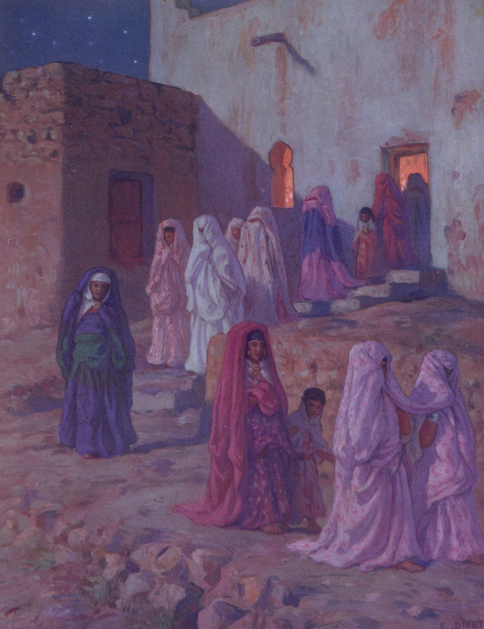 المسلمون يغادرون مسجد القرية عشية المولد ، رسم من تاريخ حياة النبي محمد ، نُشر في باريس عام 1918 بواسطة ألفونس إتيان دينيه