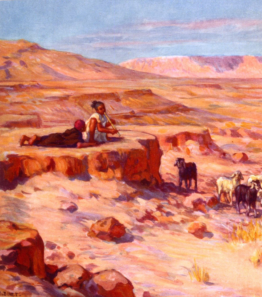 ولدان من عرب البدو يعزفان على الفلوت أثناء مشاهدة الماعز في الصحراء. بواسطة نصر الدين دينيت (ألفونس إتيان دينيه). 1861 1929 رسام مستشرق فرنسي 1918 بواسطة ألفونس إتيان دينيه