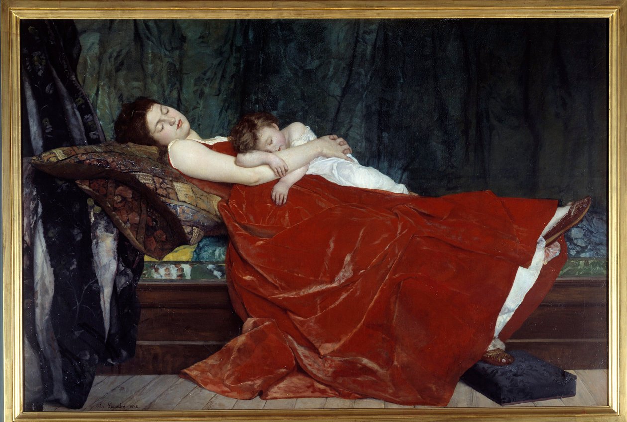 امرأة نائمة وطفل نائم. لوحة للفونس ليكادر (1842-1875) 1872 نانت ، متحف الفنون الجميلة بواسطة ألفونس يوجين فيليكس لوكادر