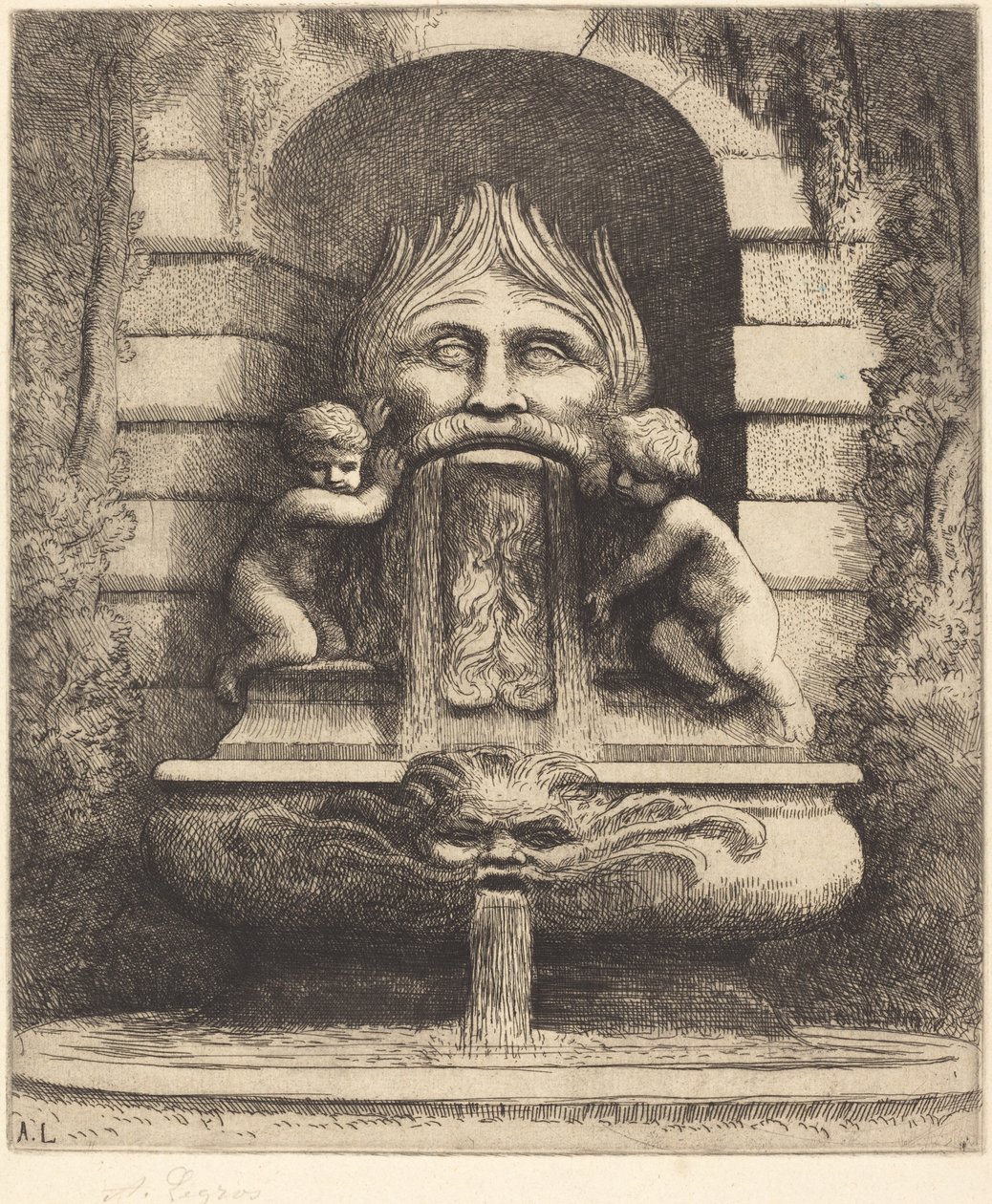 النافورة: Grotesque، Children and Basin Une fountaine: Masque، enfants et bassin. بواسطة ألفونس ليجروس