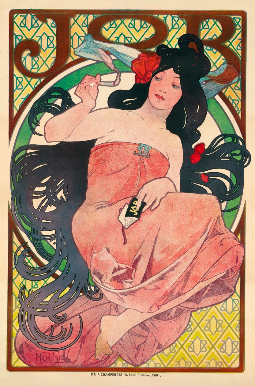 Affiche publicitaire pour le papier a cigarette Job - ملصق إعلاني لوظيفة المناديل الورقية - رسم موتشا ، ألفونس (ألفونس) ماري (1860-1939) ، طباعة حجرية ملونة 1896 (51.5 × 39 سم) - مجموعة خاصة بواسطة ألفونس ماري موتشا
