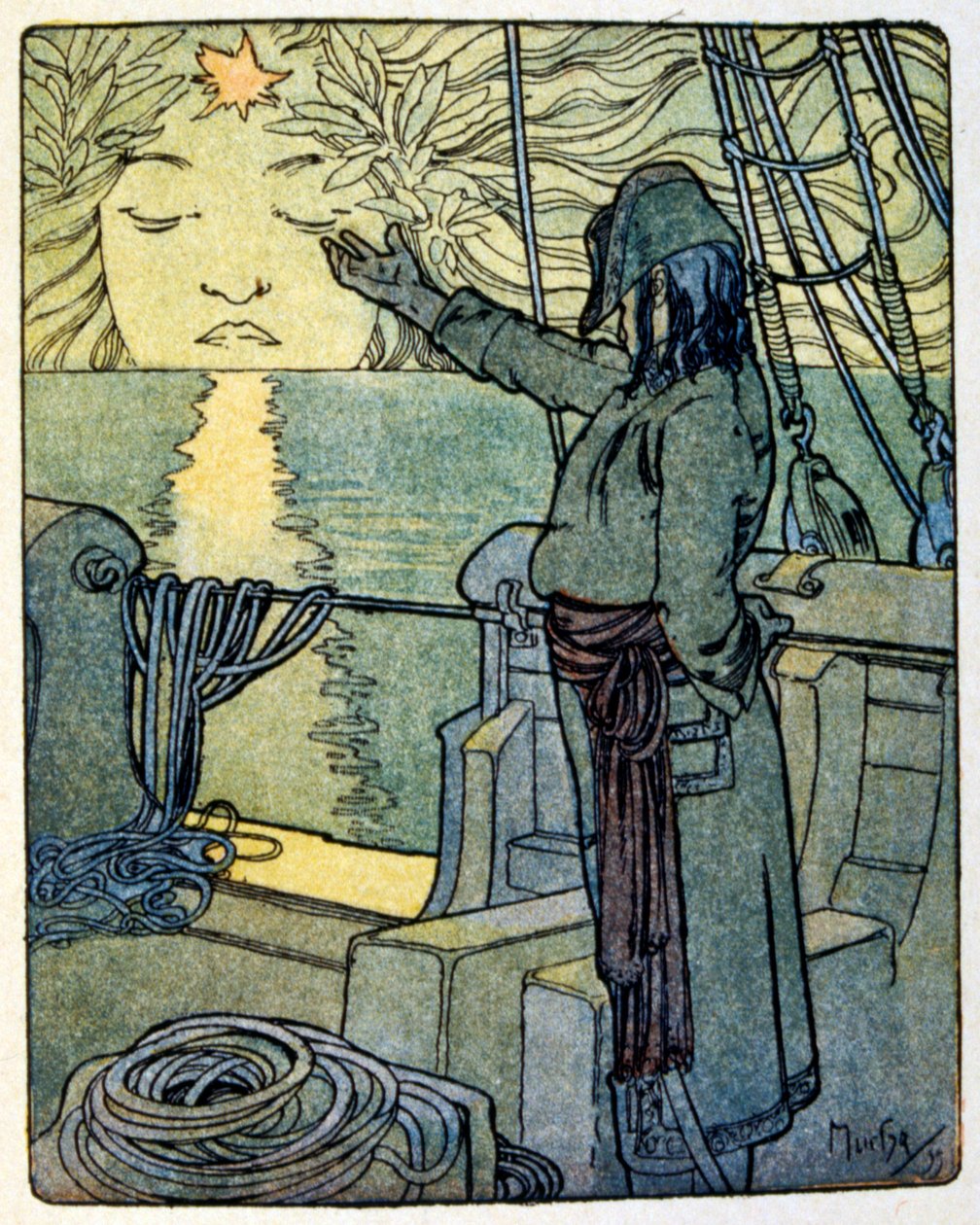 رسم توضيحي لألفونس موتشا لكتاب "كليو" (1900). بواسطة الكاتب الفرنسي. أناتول فرانس. أناتول فرانس (1844-1924). كان شاعرًا فرنسيًا. صحافي. والروائي. بواسطة ألفونس موشا