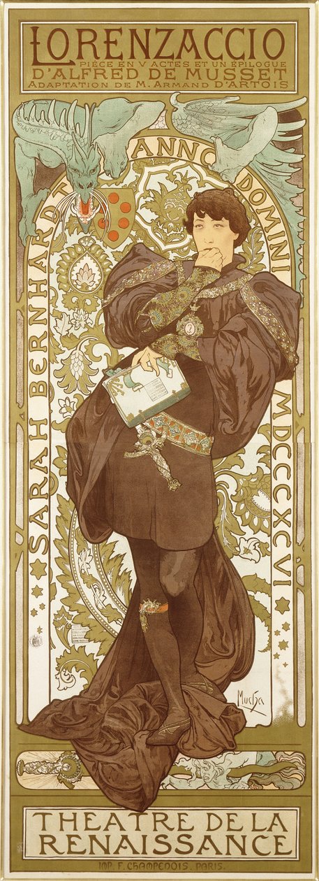 لورنزاسيو ، يصور شخصية سارة بيرنهاردت في الدور ، 1896 بواسطة ألفونس موشا