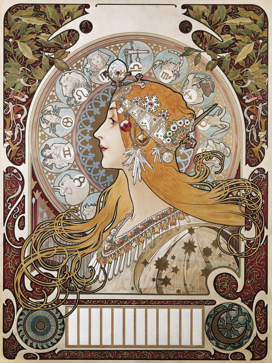 موشا، ألفونس ماريا (1860-1939). الأبراج الفلكية. 1896. (67 × 48 سم). ملصق وتقويم يعلنان عن مجلة quot;La Plumequot; (الريشة). الحداثة. الطباعة الحجرية بواسطة ألفونس ماري موتشا
