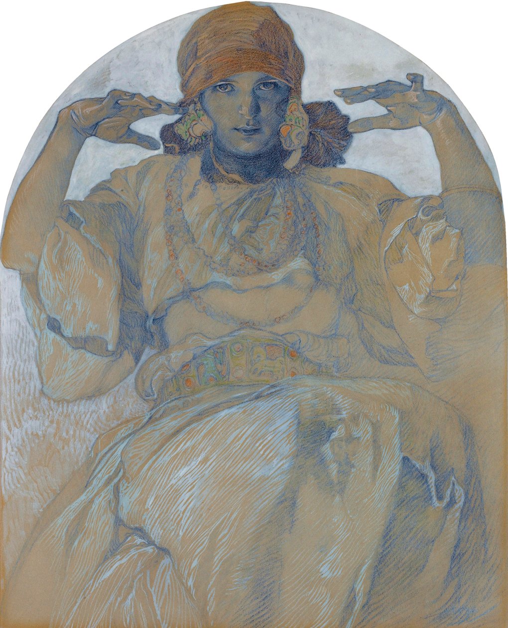 "" صورة لابنة الفنان جاروسلافا موشوفا (1909-1986) "(صورة ابنة الفنان ، ياروسلافا) لوحة للفونس موتشا (1860-1939) - حوالي 1924 مقاس 51x41 سم مجموعة خاصة بواسطة ألفونس موشا